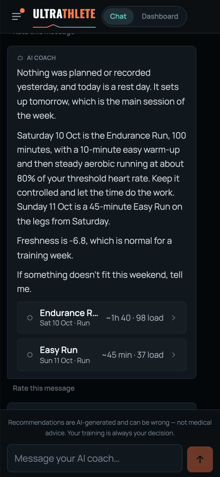 The app on a phone: the coach's morning brief in the chat, with tomorrow's Endurance Run and Sunday's Easy Run as cards