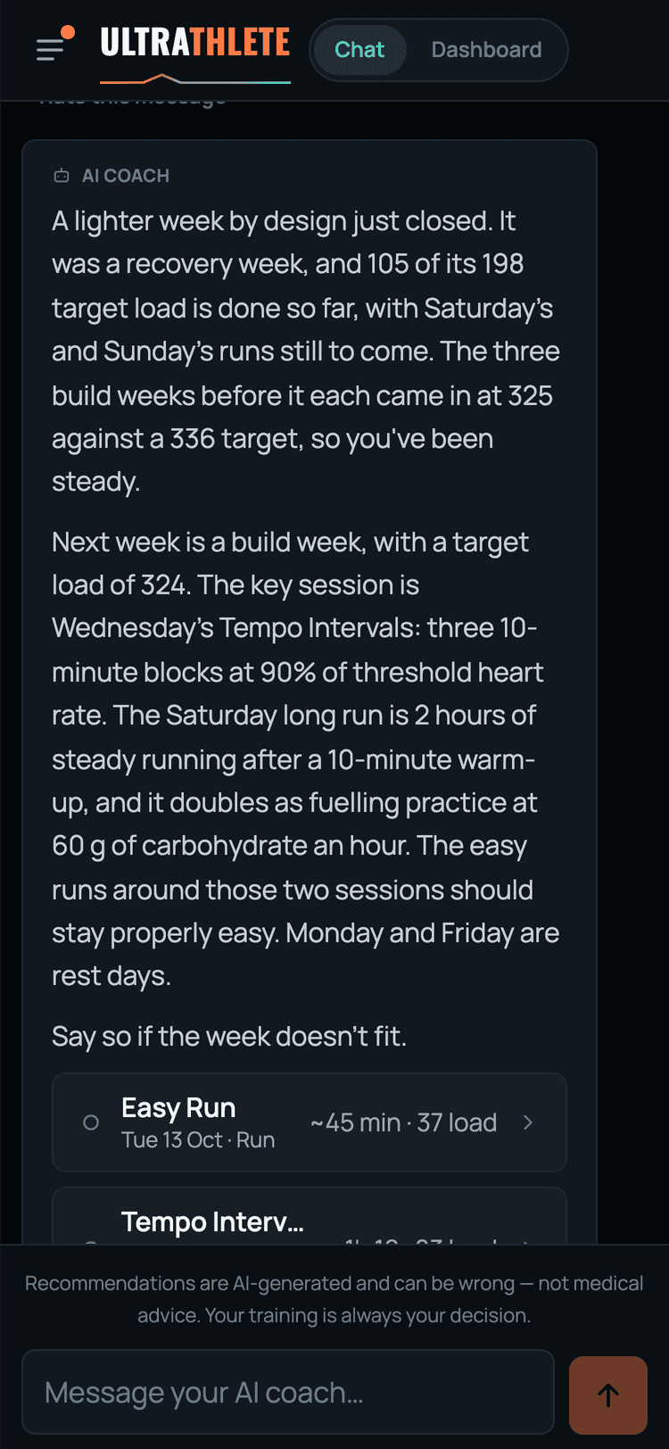 The app on a phone: the coach's review of the week that closed and the plan for the build week ahead