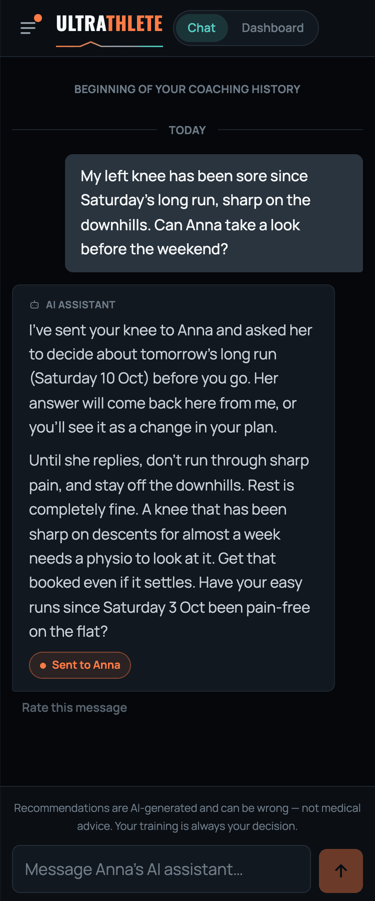 An athlete's chat on a phone: he reports a sore knee, the coach's AI assistant answers and marks the question as sent to his coach