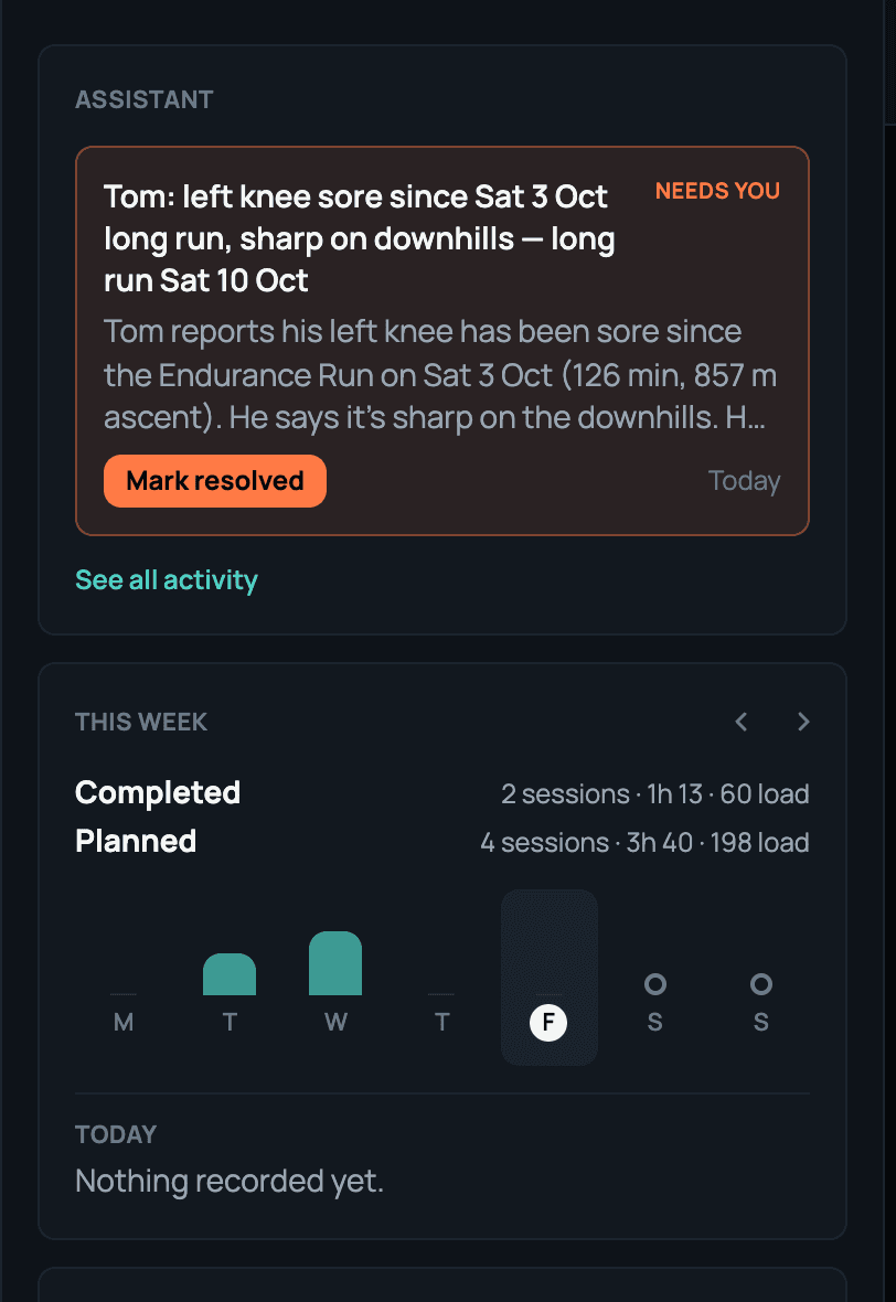 An athlete's dashboard on the coach's screen, led by the call the AI assistant sent her: a sore knee, marked Needs you