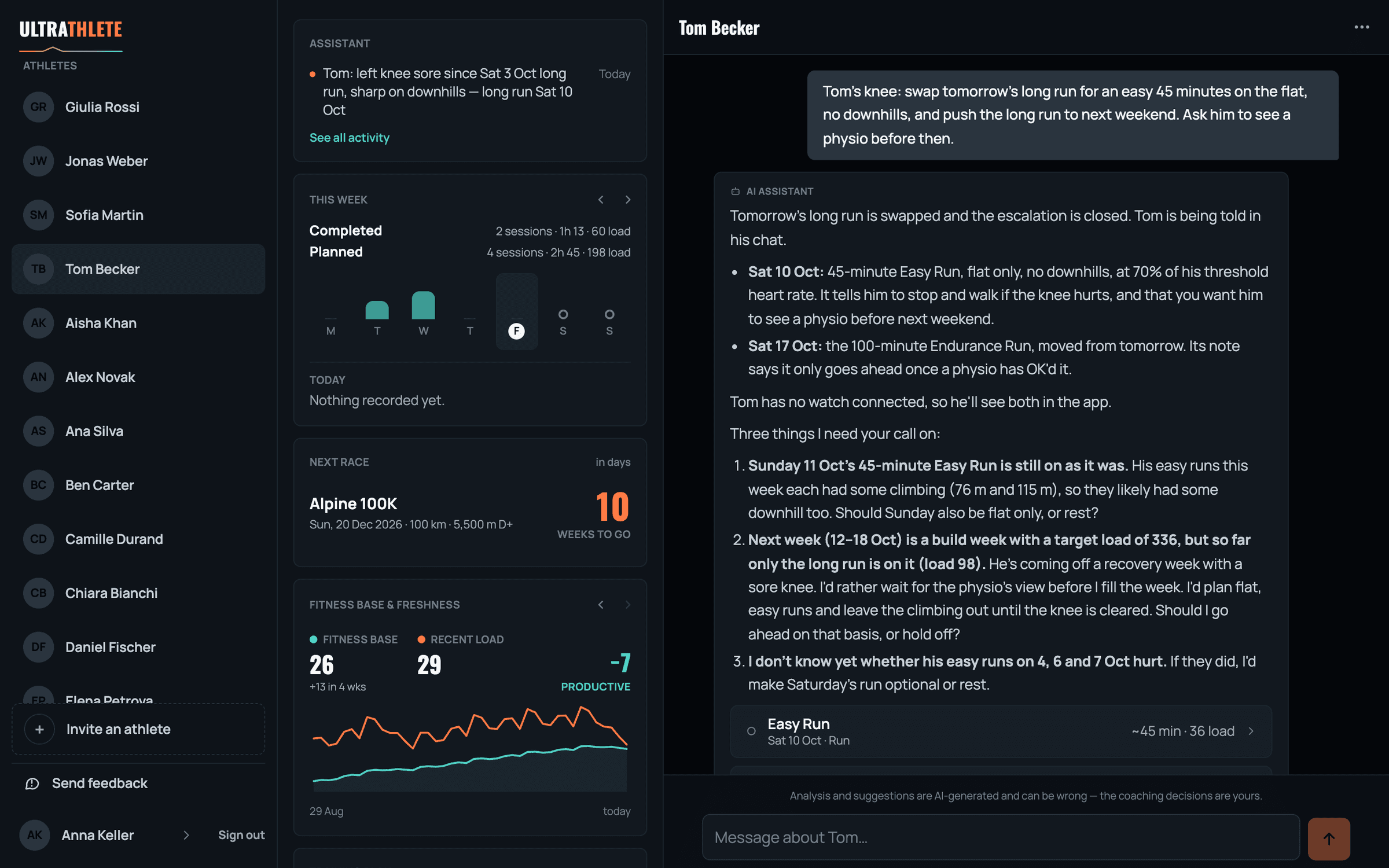 The coach's workspace: a roster of forty athletes, one athlete's dashboard and the coach's conversation with the AI assistant about him